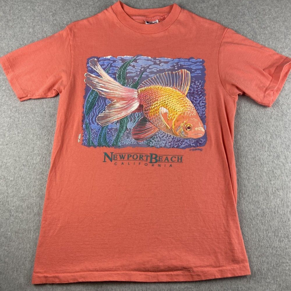 Vintage Newport Beach California Shirt‎ Adult Medium Pink Fish Single Stitch USA